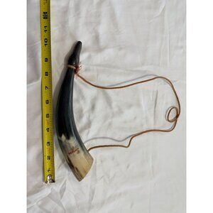 Vintage Swiss Cow Horn Drinking Vessel With Leather Strap & Luzern Engraving